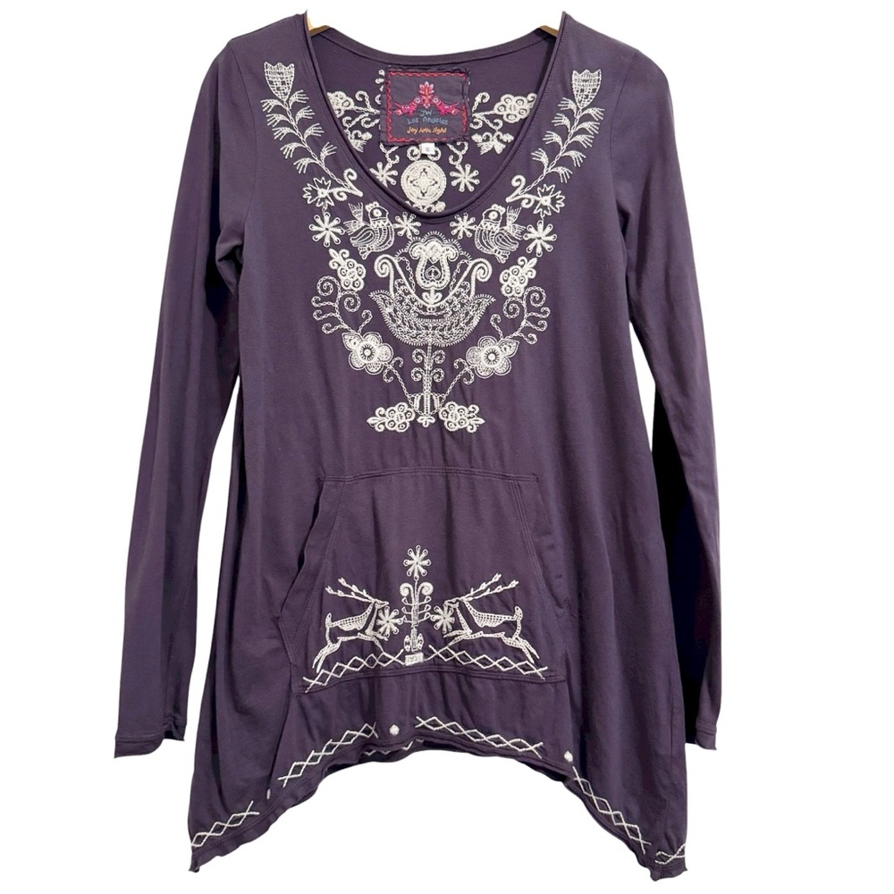 Johnny Was Embroidered Long Sleeve Kangaroo Pocket Top Purple Small